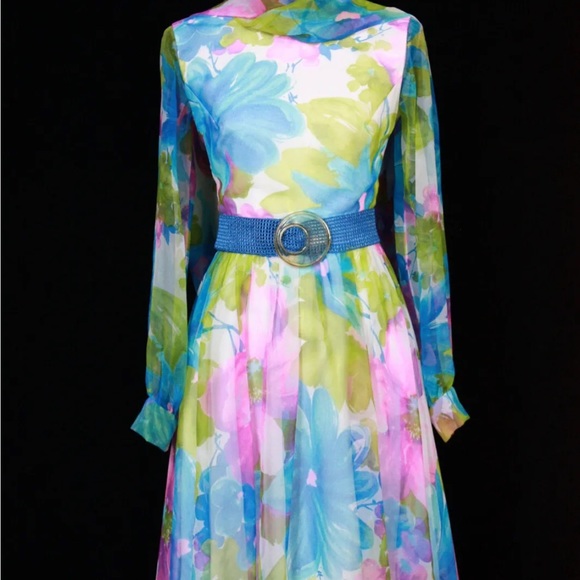 Vtg 60s 70s Boho Hippie Blue Floral Chiffon dress PROM Wedding Party Jack Bryan - Picture 4 of 7